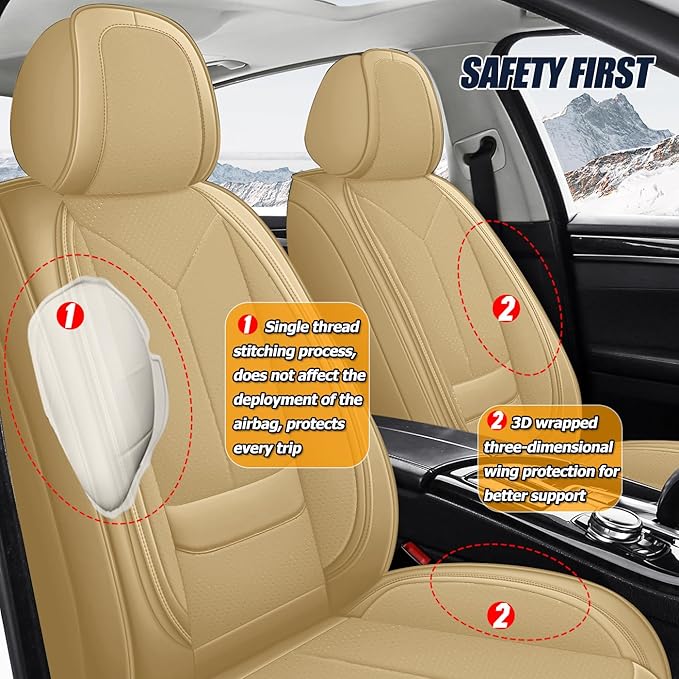 Universal Waterproof Nappa Leather Car Seat Covers - Full Set Protects & Keeps Front Rear Seats Clean - Comfortable & Fashionable Bucket Seat Protector Fits Most Cars, SUVs, Sedans -Beige