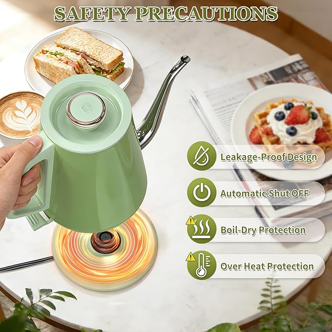 Gooseneck Electric Kettle 0.8L, 1200W Fast Boiling Stainless Steel – Auto Shut-Off, Precision Pour Over Kettle for Coffee & Tea, Ideal for Small Kitchen, RV, Travel (Green)
