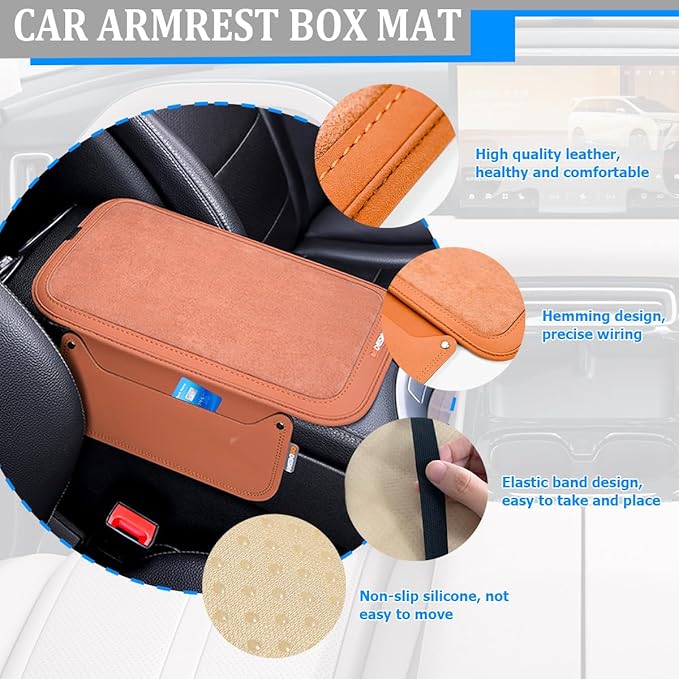 Car Center Console Cover, Leather Furry Fluffy Armrest Seat Box Cushion Pad with 2 Storage Bags, Comfortable Auto Interior Middle Console Protector, Compatible with Most Vehicle (Orange)