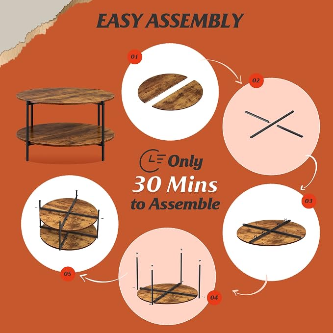 WLIVE Round Coffee Table, 32.6" Small Coffee Table with Storage Shelf, 2-Tier Circle Wood Center Table for Living Room, Apartment, Rustic Brown