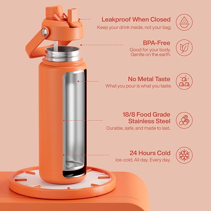 ENCOOL Insulated Water Bottle with Straw Stainless Steel Water Bottle, Leak-Proof, BPA-Free, Double Wall Vacuum Keeps Cold for 24 Hours for Sports, Travel, School (32 oz, Moderate Orange)