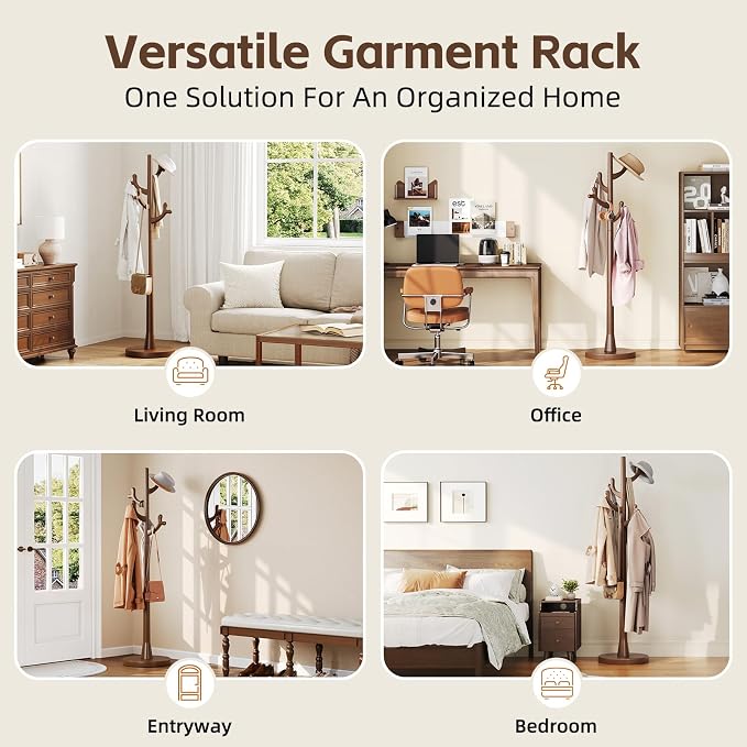 Uniclinens Coat Rack Freestanding Solid Wood Coat Tree Standing with 4 Hooks, Coat Rack Stand Creative Tree Branch-look (Walnut)