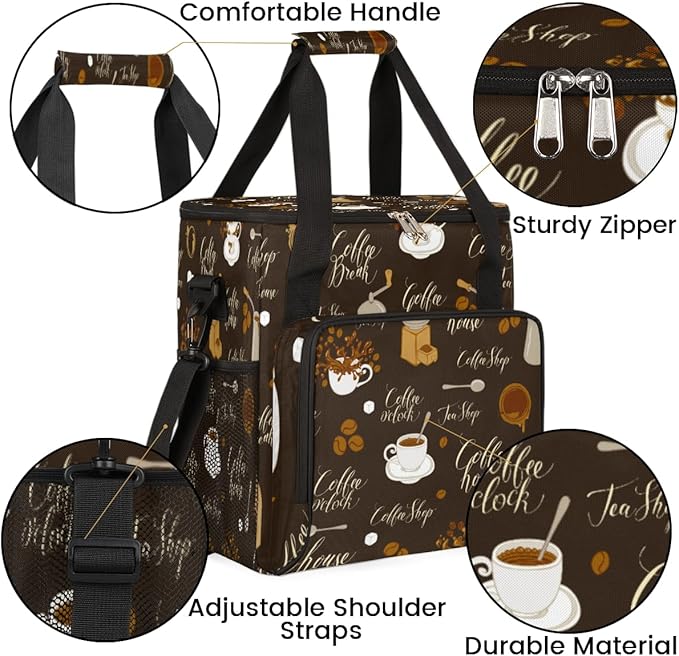 Retro Coffee Maker Carring Bag Tea and Coffe Travel Carrying Storage Tote Bag Compatible with Keurig K-Mini or K-Mini Plus Portable Single Serve Coffee Brewer Case with Pockets for K-cup Pods