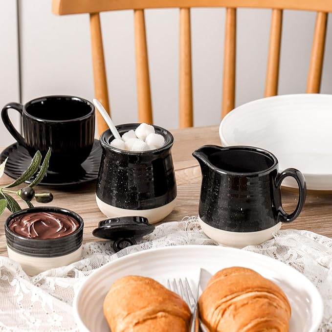 Ceramic Sugar and Creamer Container Set of 3,10 Ounce Cream Pitcher,11 Ounce Sugar Bowl with Lid and Spoon,Farmhouse Coffee Bar Accessories Set for Serving,Microwave & Dishwasher Safe,Black