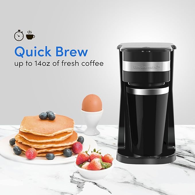 Elite Gourmet EHC113 Personal Single-Serve Compact Coffee Maker Brewer Includes 14Oz. Stainless Steel Interior Thermal Travel Mug, Compatible with Coffee Grounds, Reusable Filter, Black