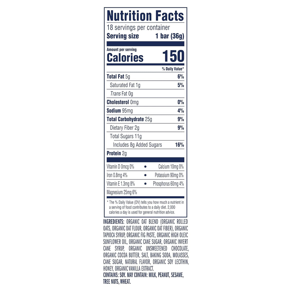 non-gmo usda organic chocolate chip soft-baked granola bars 18-pack 12g whole grains