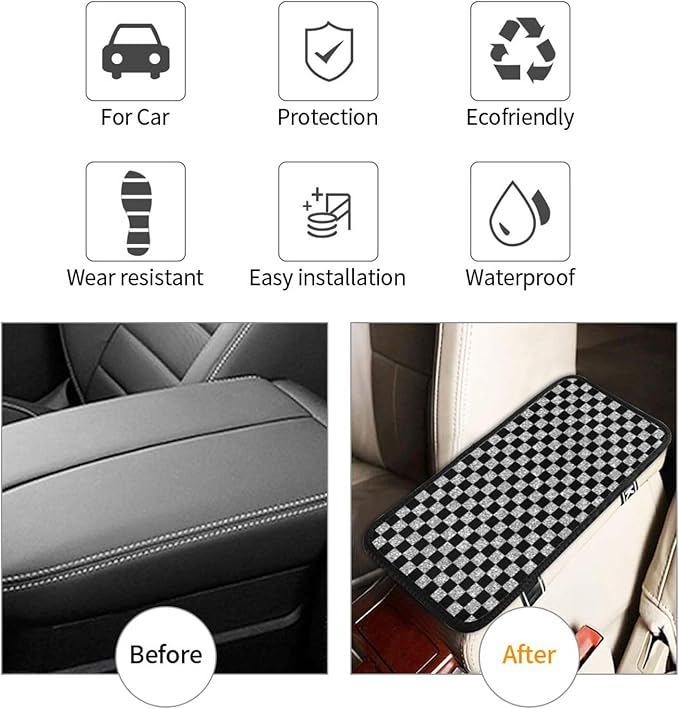 Glitter Gray Black Checkered Chessboard Flag Car Armrest Pad Cute Cars Center Console Cover Auto Handrail Box Cushion Armrests Cover