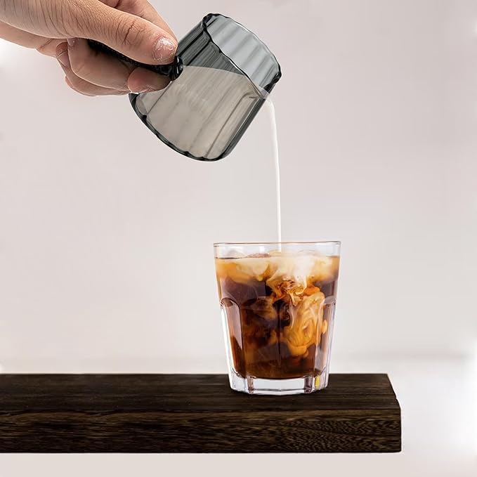 FANTESTICRYAN 6OZ Measuring Cup, Ribbed Borosilicate Glass Espresso Cup, V-Shaped Spout Drain Espresso Double Shots, Coffee Milk Tea Accessories (Dark Gray, Glass Handle)