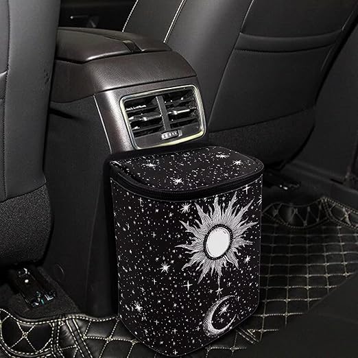 DISNIMO Sun and Moon Auto Car Trash Can - Collapsible, Leakproof Garbage Bin with Adjustable Strap - Car & Truck Accessories for Men and Women - Black