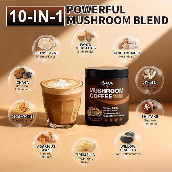 Catfit Instant Mushroom Coffee Powder, 10-in-1 Adaptogen Blend with Lion's Mane, Chaga & Cordyceps for Energy, Focus, Gut Health & Immune Support -50 Servings