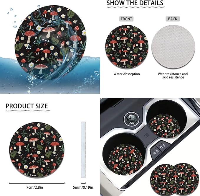 Small Mushroom Car Accessories for Women 6 Pcs Steering Wheel Cover Protector Set Cup Coaster Car Armrest Cover Fits Most Cars Trucks Vans and SUV