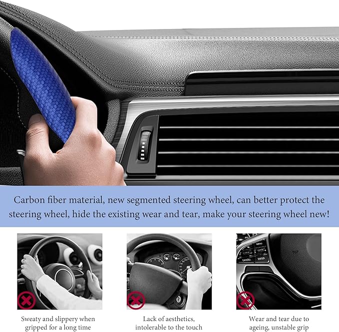 2 PCS Car Steering Wheel Cover, Anti-Skid Carbon Fiber Segmented Steering Wheel Protector, Anti-Slip Wheel Wrap Protective Cover for Most Cars Trucks SUVs, Car Accessories (Blue)