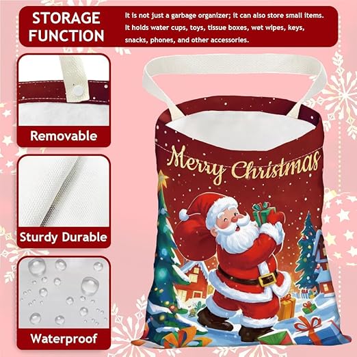 Santa Claus Print Car Trash Bag Portable Hanging Christmas Garbage Bag with Snap Buttons Back Seat Rubbish Storage Dustbin for Women Man Car Interior Accessories Kitchen Home Festival Gift