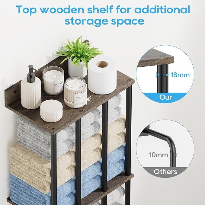 Towel Racks for Bathroom Wall Mounted, Updated 4 Bar Wall Towel Holder | Large Bathroom Towel Storage Rack for Rolled Towels, Modern Metal Towel Organizer Shelf with Wooden Storage Shelf