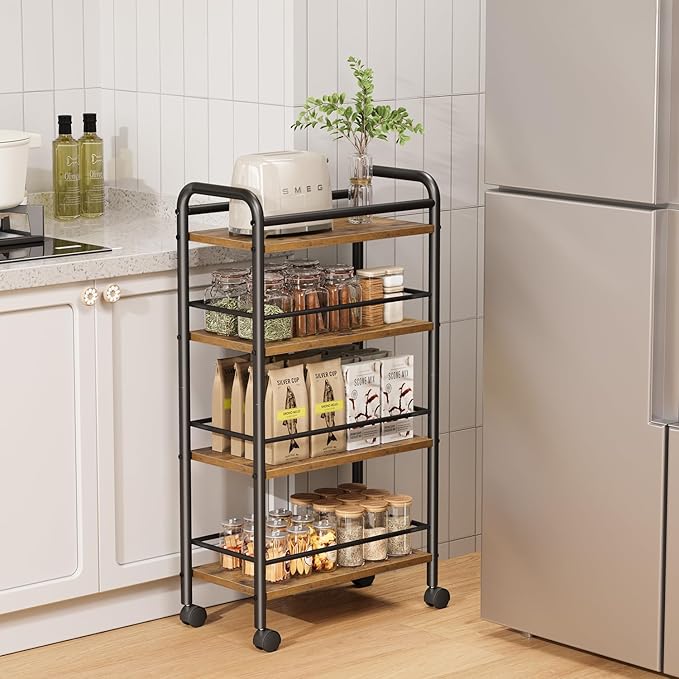 Slim Storage Cart, 4-Tier Small Rolling Cart with Wheels, 9.1" Deep, Narrow Bathroom Shelf Trolley for Kitchen, Bathroom, Laundry Room, Rustic Brown Large 4-Tier (9.1" W x 33.6" H)