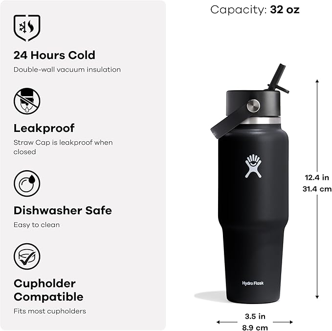 Hydro Flask Travel Water Bottle - Insulated Stainless Steel - Wide Straw Lid, Non Spill, Leakproof in 32 Oz Oat Tan