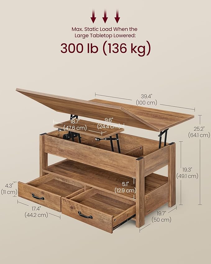 VASAGLE Coffee Table Lift Top, 3 in 1 Center Table with Storage, Gas Spring, 2 Drawers and 3 Hidden Compartments, Open Shelf, for Living Room, Home Office, Honey Brown ULCT254K01