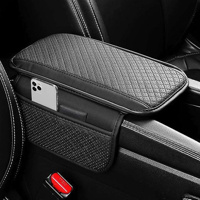 Car Armrest Cover for Mazda CX5 2012-2025, Center Console Cushion Leather Armrest Pad Protector with Storage Pockets Diamond Pattern,Black