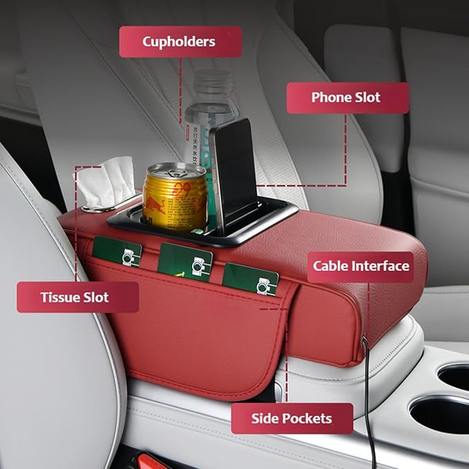 Armrest Box Pad for Car w/Type-C Charging Interface, Car Center Console Cover w/Cup Holder, Interior Car Accessories (Burgundy)
