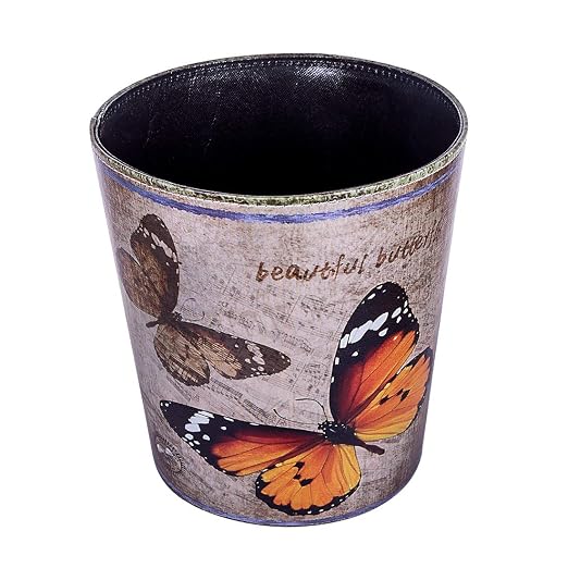 10L/2.64 Gallon Trash Can, Decorative Waste Basket, PU Leather Waste Paper Basket, Waterproof Garbage Can for Bathroom, Bedroom, Office, Kitchen and Living Room - Orange and Black Butterfly