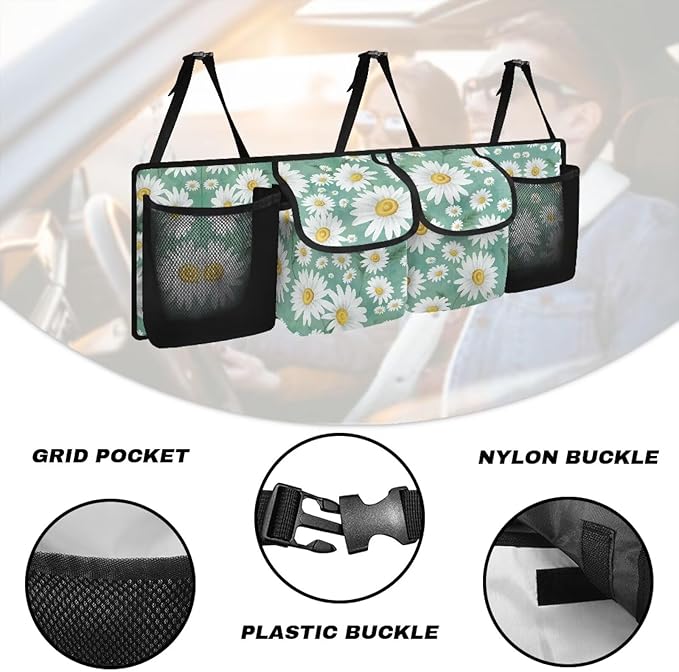 Daisy Printed Trunk Hanging Organizer Backseat Bag Foldable Cargo Storage with 4 Pockets 3 Adjustable Straps Provides More Space for Groceries Car Accessories