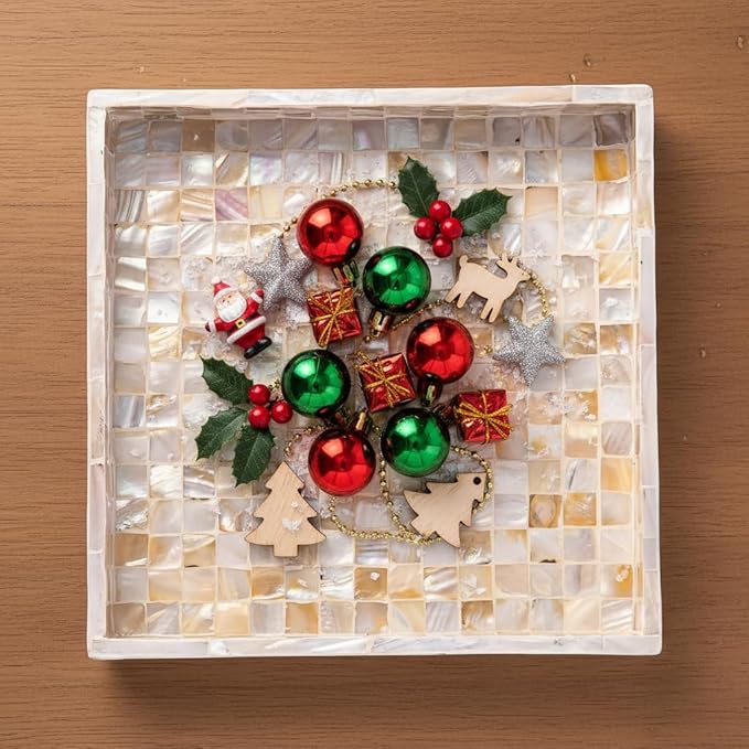 PEMAR 10" Mother of Pearl Catchall Tray for Coffee Table, Entryway, Nightstand. Square Serving Tray Wooden Luxury Decorative Handmade Eating Platters w Insert Handles (White Cream Squares Pattern)