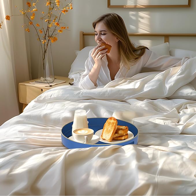 MAONAME 13" Blue Round Tray, Navy Serving Tray with Handles, Modern Decorative Trays for Coffee Table, Plastic Trays for Ottoman, Bathroom, Decor