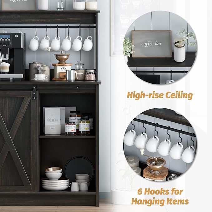 4ever2buy Farmhouse Coffee Bar Cabinet with Hutch, 50 Inch Coffee Bar Hutch with Sliding Barn Door & 6 Hooks for Living Dining Room, Dark Oak | Sliding Barn Door, 6 Hooks