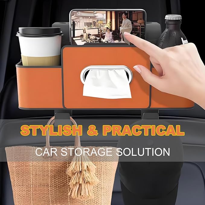 Car Back Seat Organizer, Multifunctional Car Seat Back Storage Box with 2 Cup Holders, Tissue Box for Hold Phones,Snacks, Drinks, Handbags (Beige)