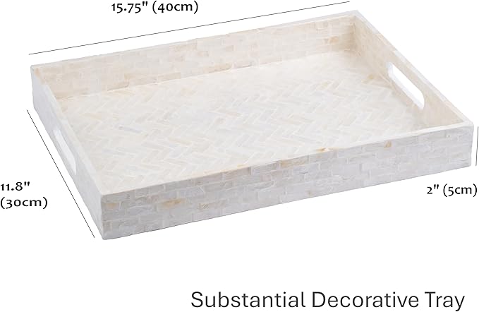 PEMAR Handmade Capiz Shell Decorative Serving Tray – Mother of Pearl Finish Herringbone Mosaic Rectangular Tray with Handles, 15.74 x 11.8 x 2 in, for Coffee Table & Home Decor