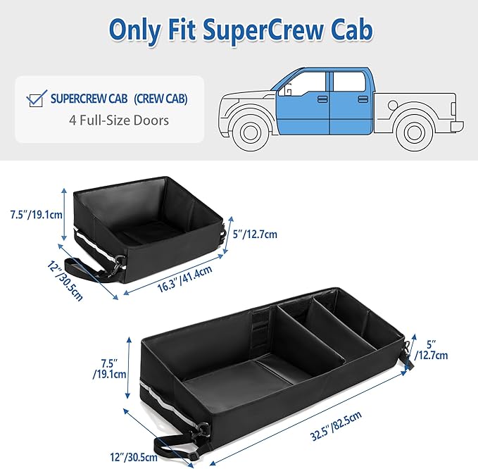 Trunk Under Seat Storage Fit for Super Crew, Tool Organizer Box Under Rear Seat for Three Seats with Removable Bottom Boards, Side Handles and Hook Snap Fix Straps, Black
