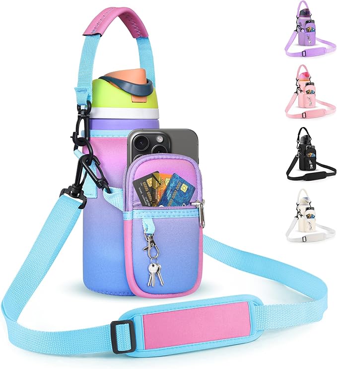 Water Bottle Carrier Bag with Strap for Owala FreeSip 24/32oz with Detachable Phone Pocket for Owala Accessories 24/32oz Water Bottle Sleeve for Walking Camping Gym