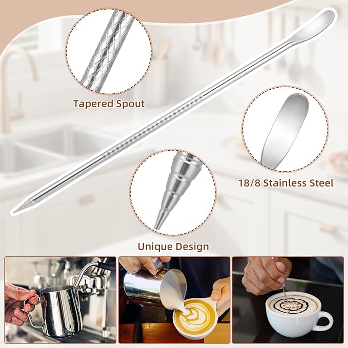 4 Pcs Espresso Accessories Kit with Espresso Cups with Handle, Milk Frothing Pitcher and Latte Art Pen Stainless Steel Cappuccino Machine Accessories for Coffee Bar (Silver,250ml, 600ml)