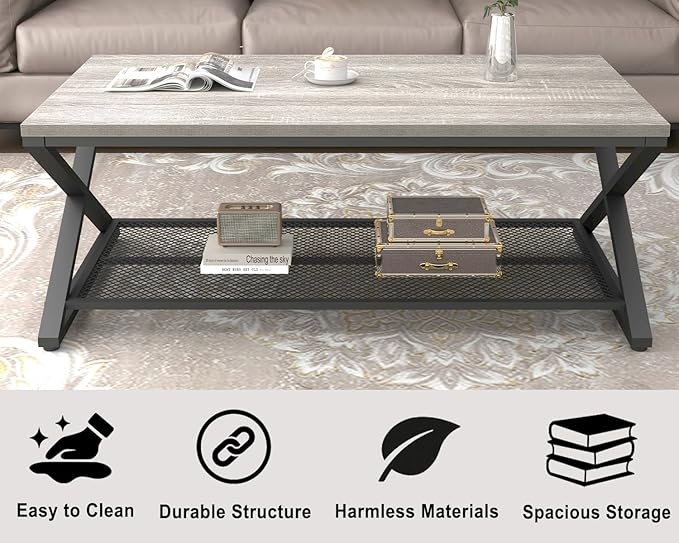 LVB Gray Coffee Table, Farmhouse Wood Metal Center Table with Storage for Living Room, Industrial Wooden 2 Tier Rectangle Cocktail Tea Table with Mesh Shelf for Office Bedroom, 47 inch, Light Grey Oak