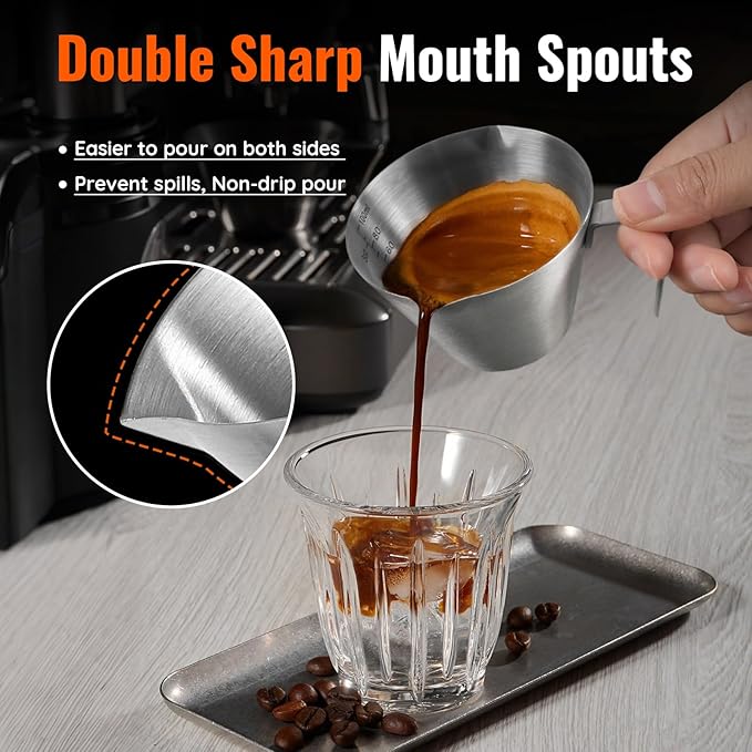 YARRAMATE Espresso Cup with Handle, Stainless Steel Espresso Accessories, Double Spout Metal Measuring Cup with Dual Scale, Espresso Shot pitcher with V-Shaped Mouth, 3.4OZ/100ML