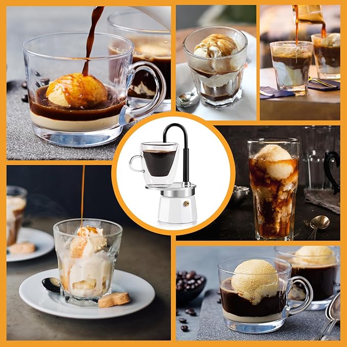 MVPLUE-Mini Express Swiss Single Tube Moka Pot Aluminum Ivory white，Moka Set includes One Double Wall 3oz Cup,Enjoy delicious coffee in no time