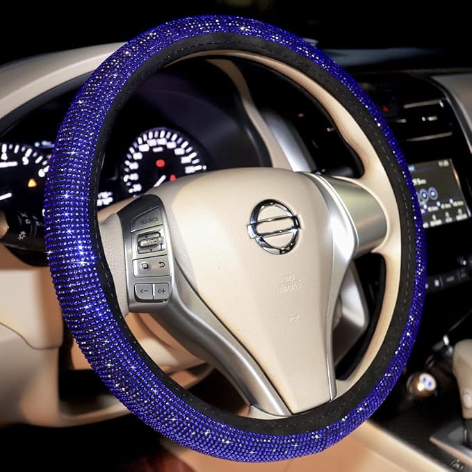 Bling Steering Wheel Cover Blue for Men Car, 15 Inch Universal with Blue Crystal Rhinestone Diamond Cool Bling Accessories Anti-Slip Wheel Protector Black