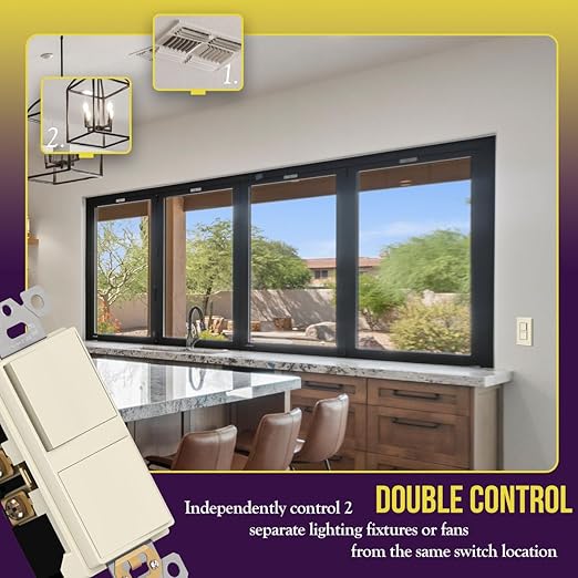 ENERLITES Double Paddle Rocker Decorator Switch, Gloss Finish, Ground Terminal, Clamp-Type Wiring, Copper Wires Only, Single Pole, Residential/Commercial Grade, 15A 120-277VAC, 62834-LA, Light Almond