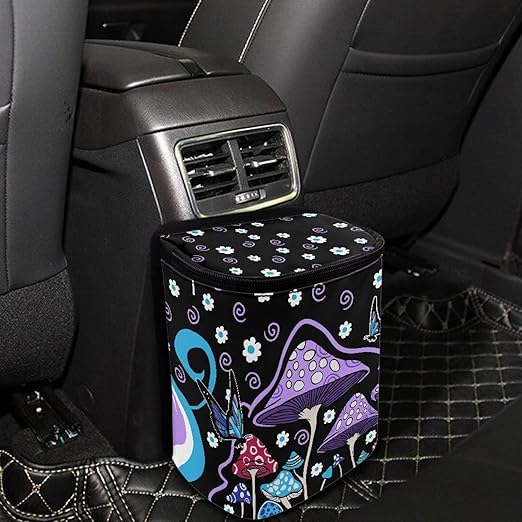 Purple Hippie Mushroom Car Trash Bag Hanging Auto Garbage Bin Can with Lid,Leak Proof Reusable Adjustable Strap Car Garbage Bag for Travel/Picnic
