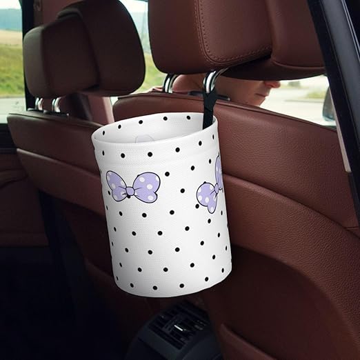 Cute White Polka Dots Purple Bow Car Trash Can Garbage Cans Foldable,Small Hanging Car Organizer Storage Bag Leak Proof, Auto Back Seat Trash Bin Universal for Truck, SUV, Outdoor Travel