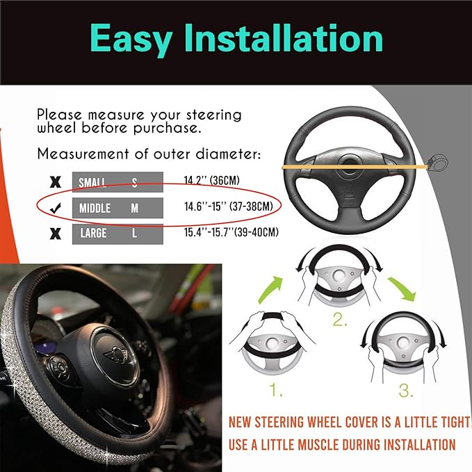PINCTROT Bling Bling Comfy Steering Wheel Cover with Jumbo Crystal Rhinestones, Anti-Slip Diamond Leather, Universal 15 Inch (Silver)