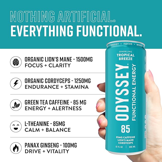Odyssey Functional Energy Drink for Focus, Cognition & Mood Support 12 Pack - Adaptogenic Drink with 85mg Green Tea Caffeine, Lion’s Mane, Cordyceps, L-Theanine & Ginseng, Sparkling Tropical