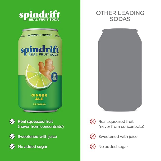 Spindrift Soda Ginger Ale Soda Made with Real Squeezed Fruit 12 Pack Case