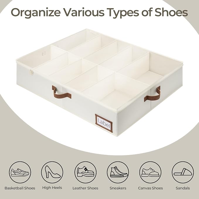 StorageWorks Under Bed Shoe Storage for Closet, 2-Pack Ultra-thick Fabric Shoe Organizer, Collapsible Shoes Containers with Bottom Support, Fits up to 24 Pairs, Beige