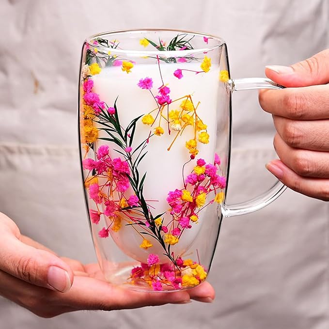 Creative Flowers Double Wall Clear Glass Coffee Mug with Handle, Aesthetic Dried Flowers Coffee Mug, Clear Double Insulated Glass Cup for Hot and Cold Beverages, Cappuccino, (D)