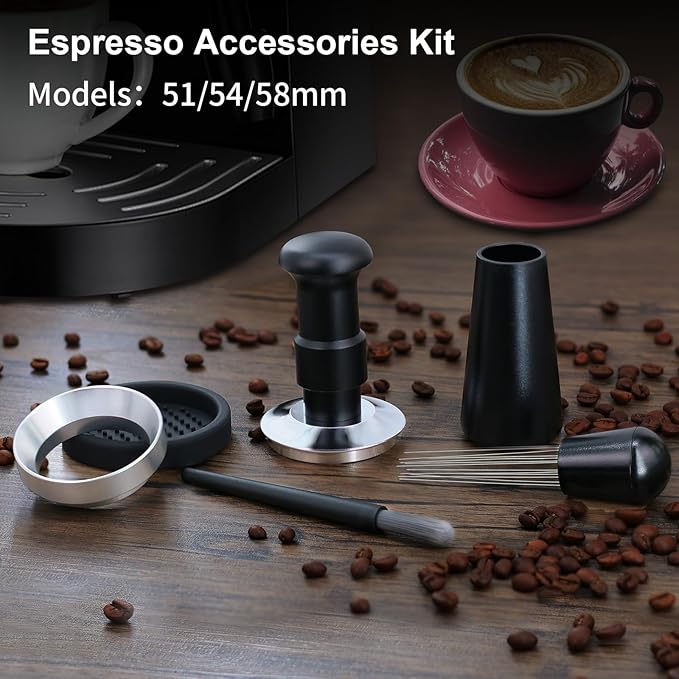 51mm Espresso Tamper Set, 5-IN-1 Espresso Accessories Kit with Coffee Tamper, WDT Tool, Dosing Funnel, Non-slip Mat and Cleaning Brush