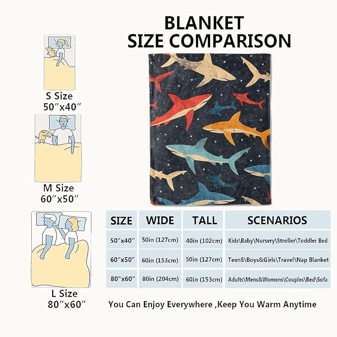 Shark Blanket Vibrant Sharks Dark Throw Blankets,Birthday Gifts for Girls Boys Women & Ocean Lovers,Lightweight Soft Fleece,for Sofa Couch Bed Room Sea Life Decor 50x60in