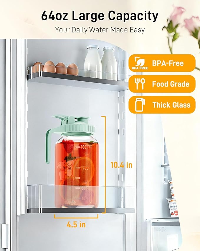 64 oz Glass Pitcher with Lid, Large Wide Mouth Mason Jar with Pour Spout, Green Sun Tea Glass Jar for Outside, Drink Pitcher Great for Drink, Cold Beverages and Breast Milk