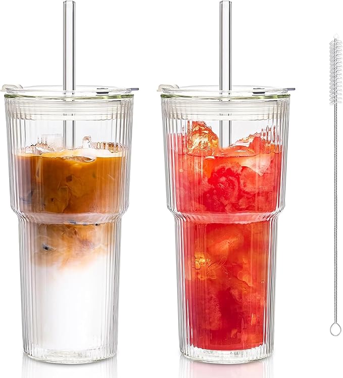 KEMORELA Iced Coffee Cups with Lids 20oz Ribbed Double Wall Glass Cups with Lids and Straws 2PCS, Coffee Bar Accessories， Insulated Borosilicate Glass Tumblers, To Go Coffee Cups, Spill proof tumbler