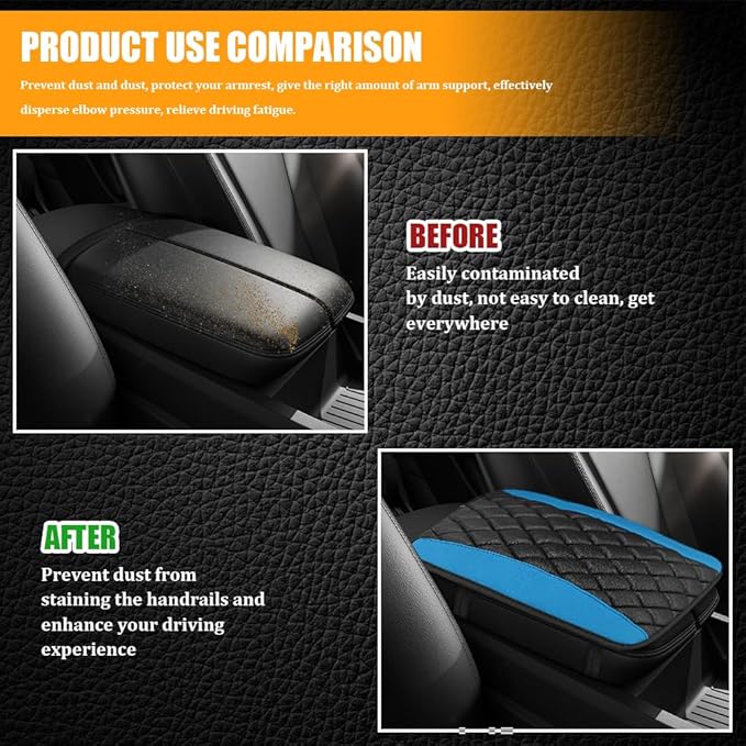 Car Center Console Cover, Leather Waterproof Armrest Seat Box Cushion Pad, Universal Decor Protector Mat, Comfortable Car Decor Accessories Fit for Most Cars, Vehicles, SUVs (Blue)